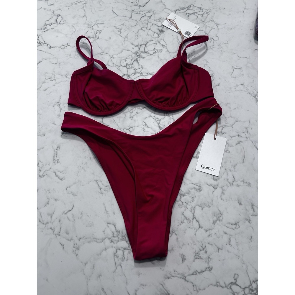 NWT Quince Cherry Red Italian Demi Bikini Top & High Leg Bottom Set Size Large